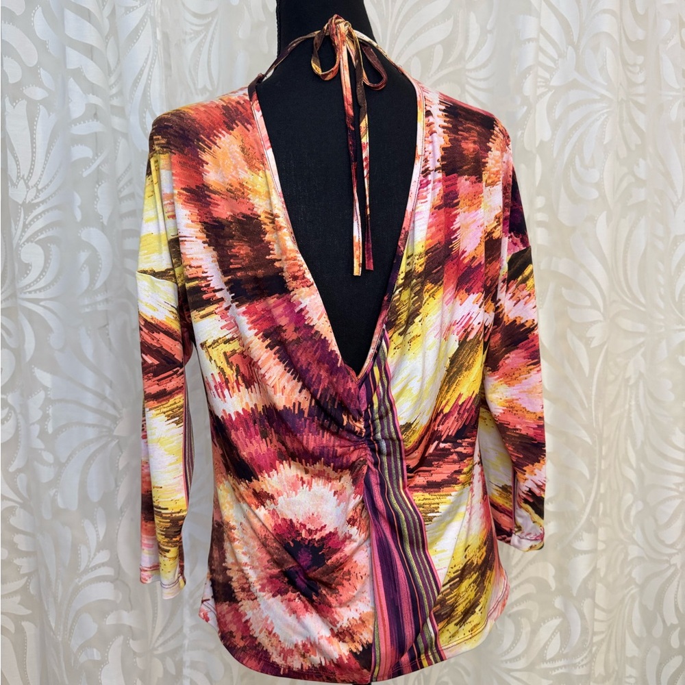 Veronica M Vibrant Multicolor Cowl Neck V Back and Tie 3/4 Sleeve Small Top - Picture 3 of 5
